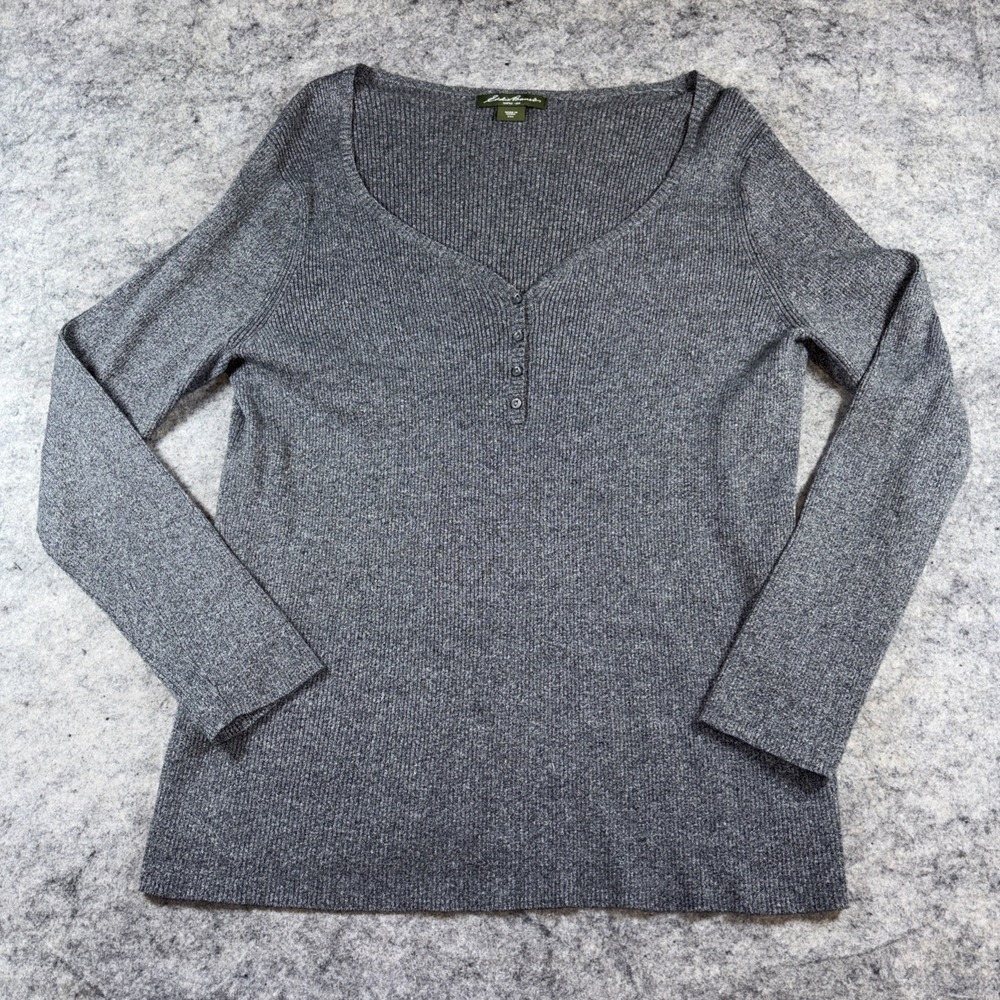Eddie Bauer Long Sleeve Shirt Women's XXL Gray Ribbed V-Neck Casual Button Front